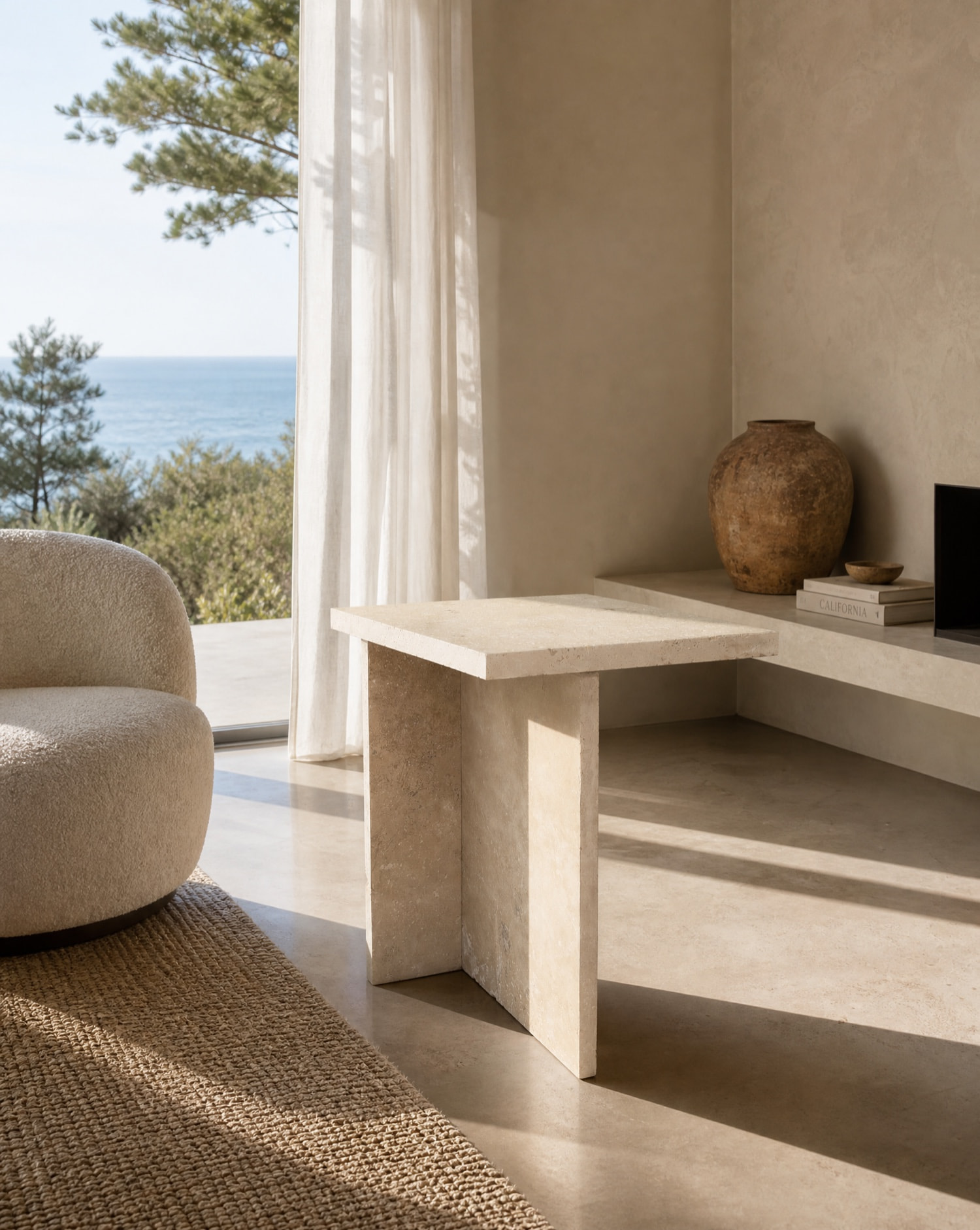 Lunè Pedestal travertine pedestal table in an editorial interior